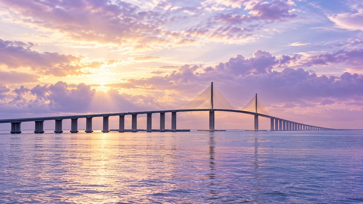 Sunset over the Sunshine Skyway Bridge near St. Petersburg, Florida